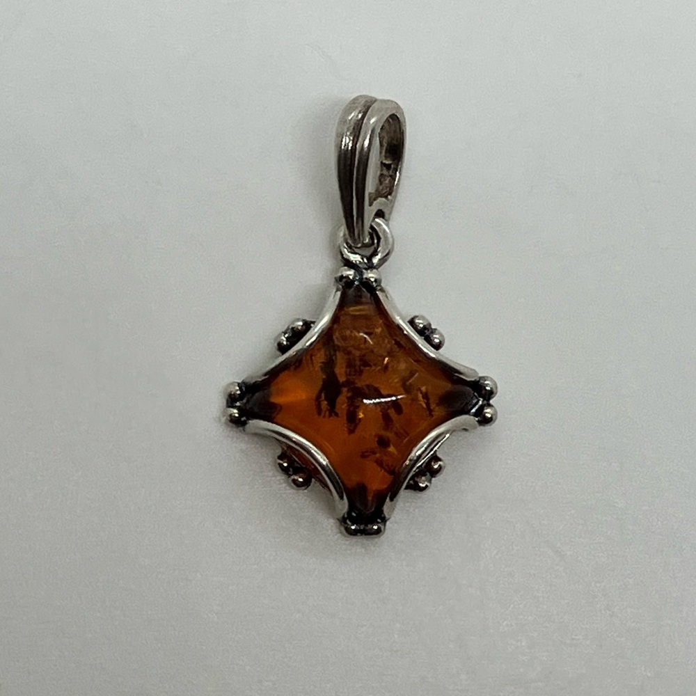 Vtg 925 Sterling Silver & Baltic Amber Square Art Deco Style Necklace Pendant